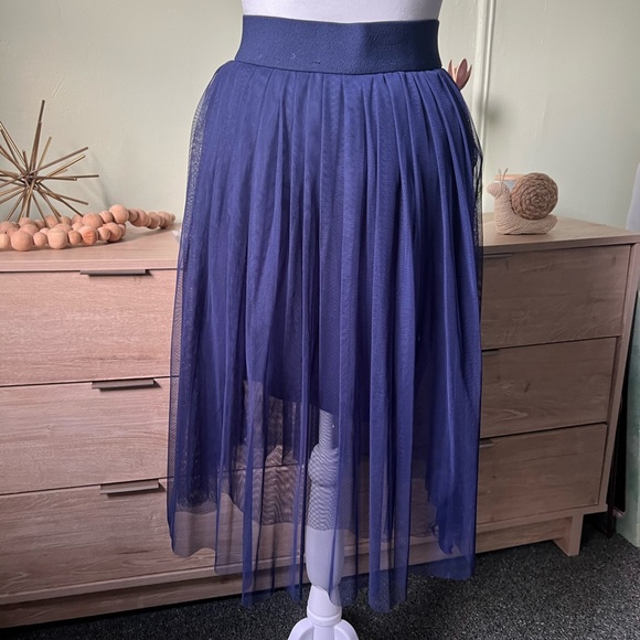 Navy Blue Modest Layered Pleated Highwaist Mesh Tutu Midi Knee-Length Skirt XS-S - Picture 8 of 16